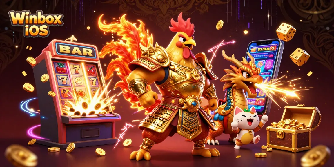Winbox iOS app promotion featuring dynamic characters, a jackpot explosion, and casino game elements.