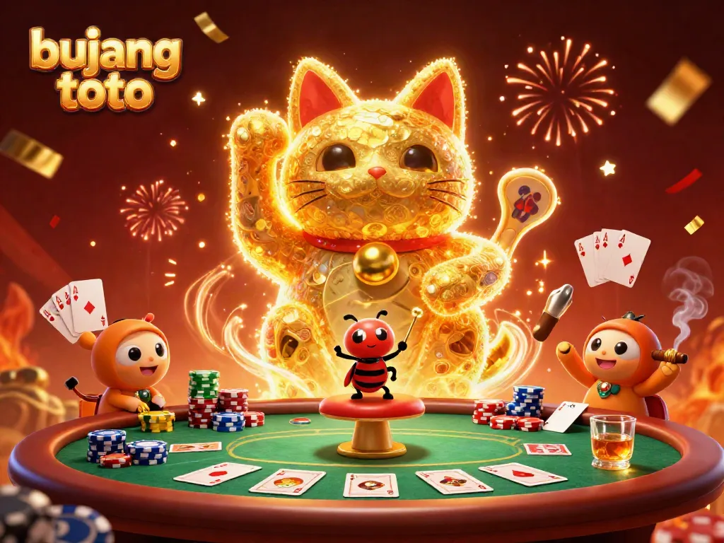 Experience the excitement of bujang toto with vibrant casino elements and a lucky cat illustration.