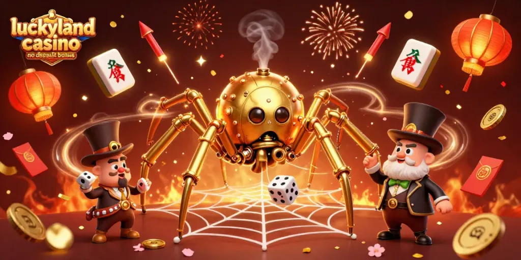 Engage with the luckyland casino no deposit bonus showcasing an elaborate 3D scene of a golden spider and gaming elements.