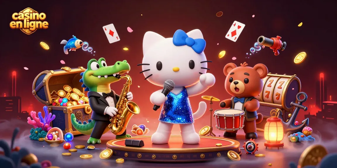 Illustration animée mettant en avant un casino en ligne avec un chat chanteur et des éléments de jeu