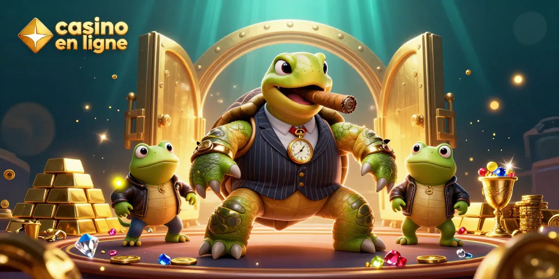 Jouez au casino en ligne avec une tortue en costume vintage, entourée de richesses scintillantes.