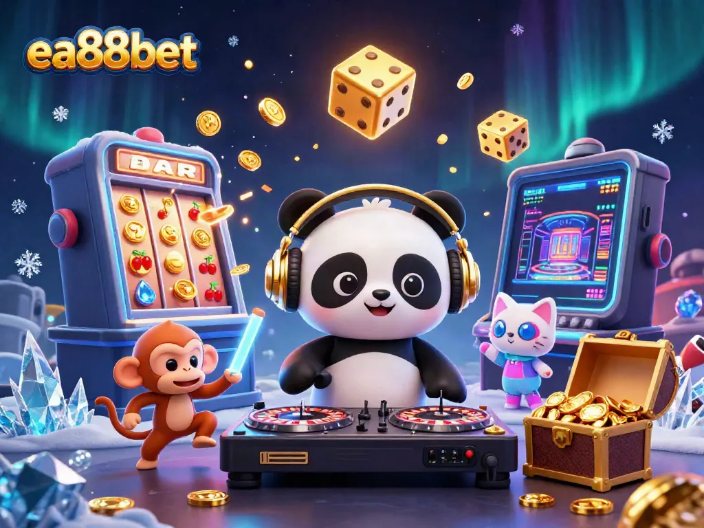 Experience the excitement of ea88bet with a vibrant 3D scene featuring a DJ panda and party atmosphere, surrounded by casino elements.