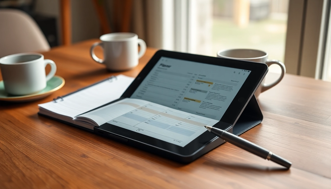 Using Planners for Kindle Scribe on a wooden desk with coffee and stationery.