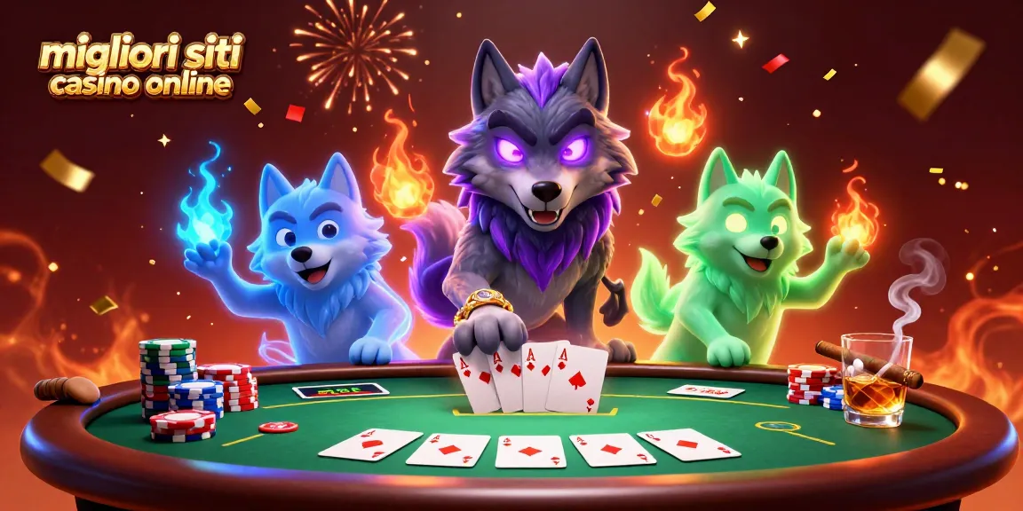 I migliori siti casino online mostrano una scena vivace con un lupo fantasma dorato e elementi di poker.