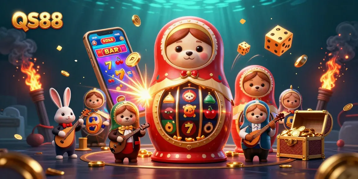Experience the excitement of QS88 with this vibrant casino illustration featuring dynamic characters and game elements.