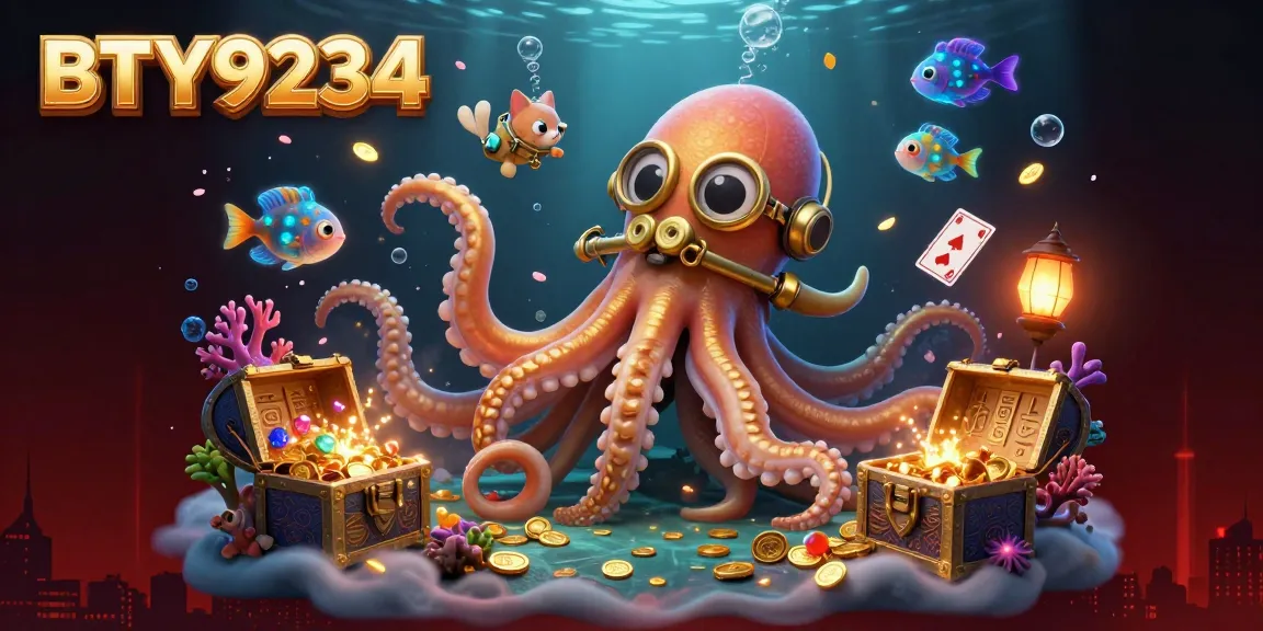 Experience BTY9234's vibrant casino adventure with a kraken and diving cat amidst dynamic treasures.