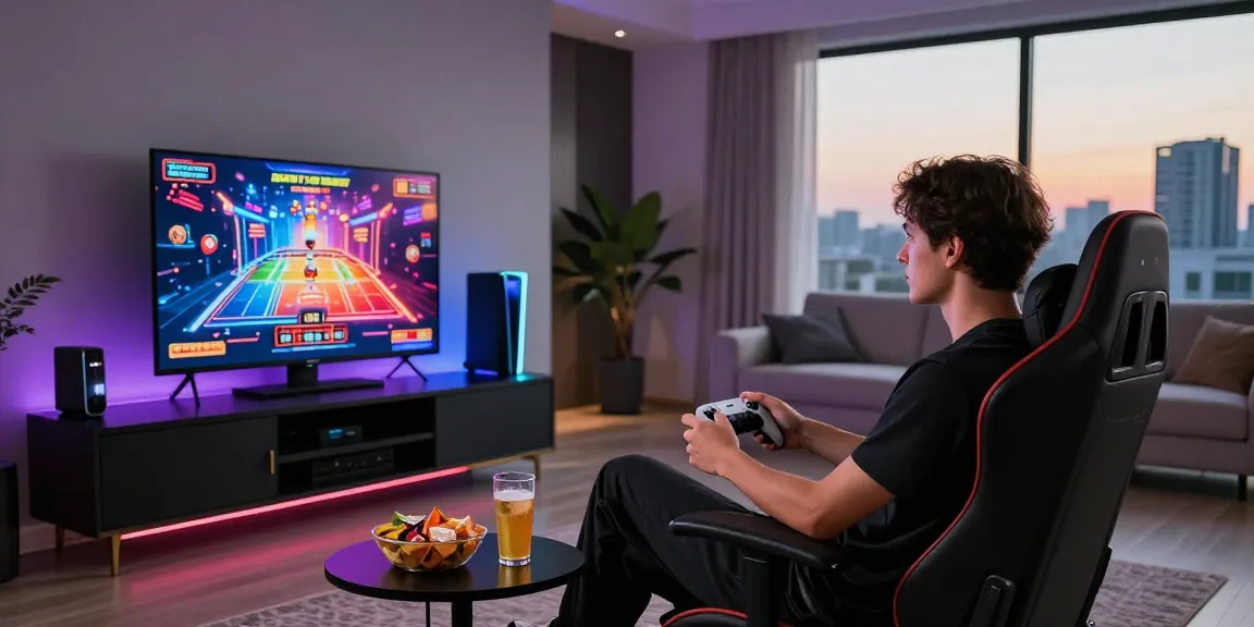 Menikmati Situs LUXURY12 dalam suasana game modern di ruang tamu yang elegan.