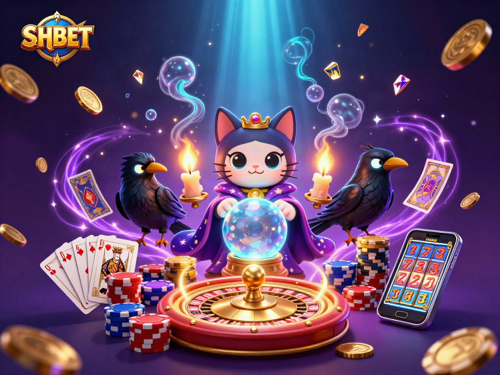 SHBET captures the mystique of gambling with a vibrant 3D illustration of casino elements.