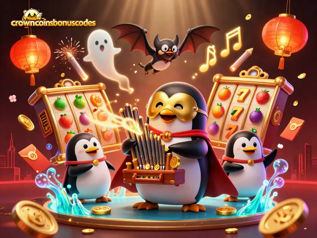 Engage with crowncoinsbonuscodes for thrilling slot gaming, highlighted by golden coins and acrobatics.