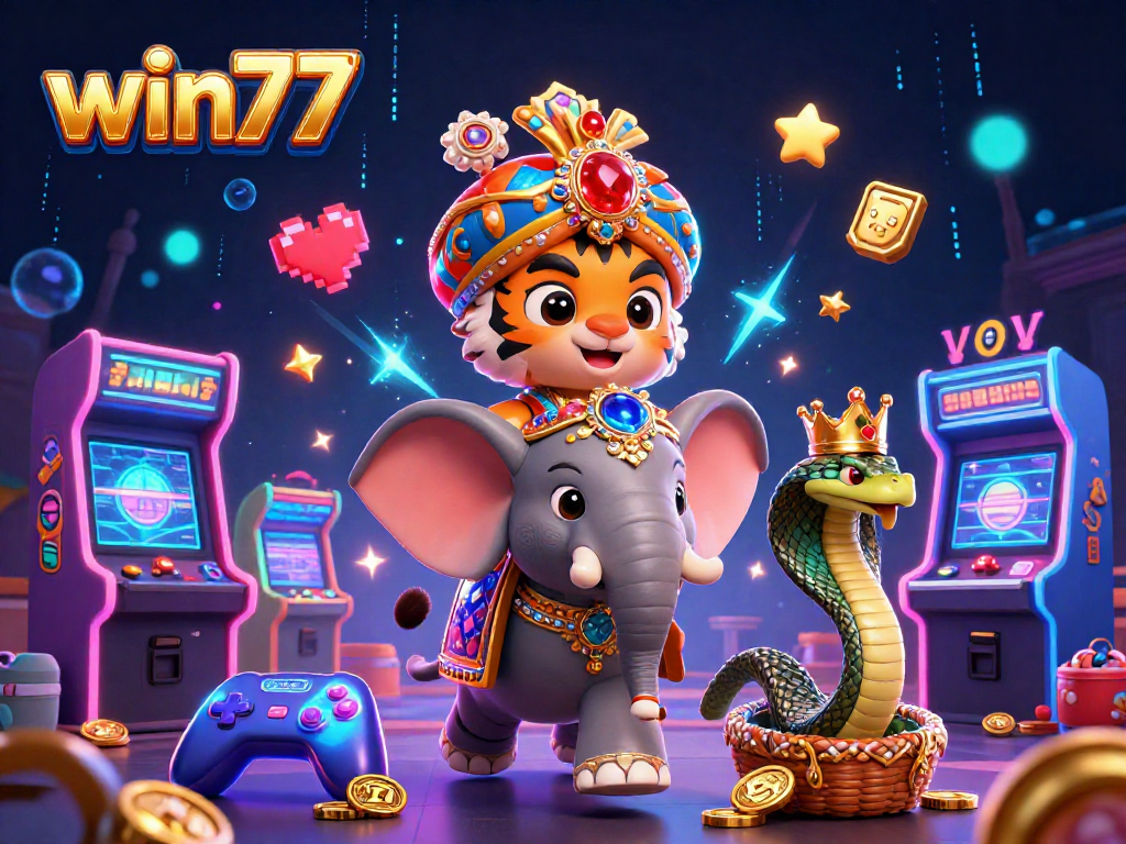 Memenangkan jackpot menarik di win77 dengan ilustrasi penuh warna tentang harimau maharaja dan gajah berkilau.