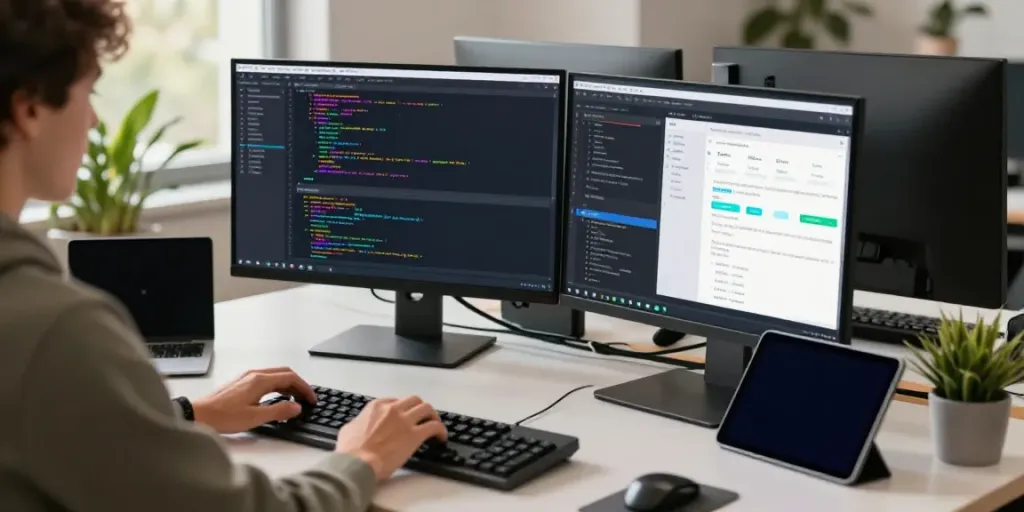 Developer coding on dual monitors in a vibrant tech workspace focused on 2113 Apps.