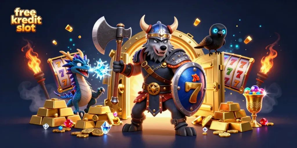 Experience thrilling action with free kredit slot as Viking warrior, dragon, and raven explore a dynamic casino world.