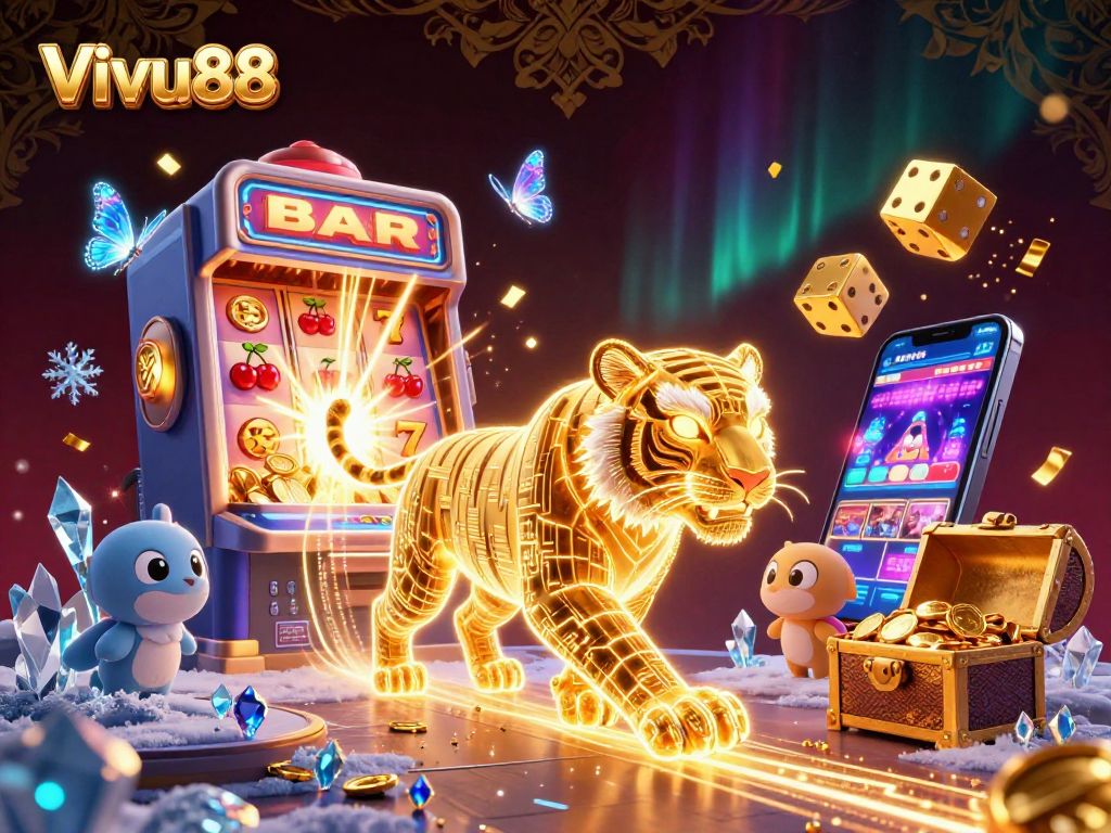 Experience thrilling gameplay at Vivu88 with a vibrant digital casino featuring a golden tiger and jackpot excitement.