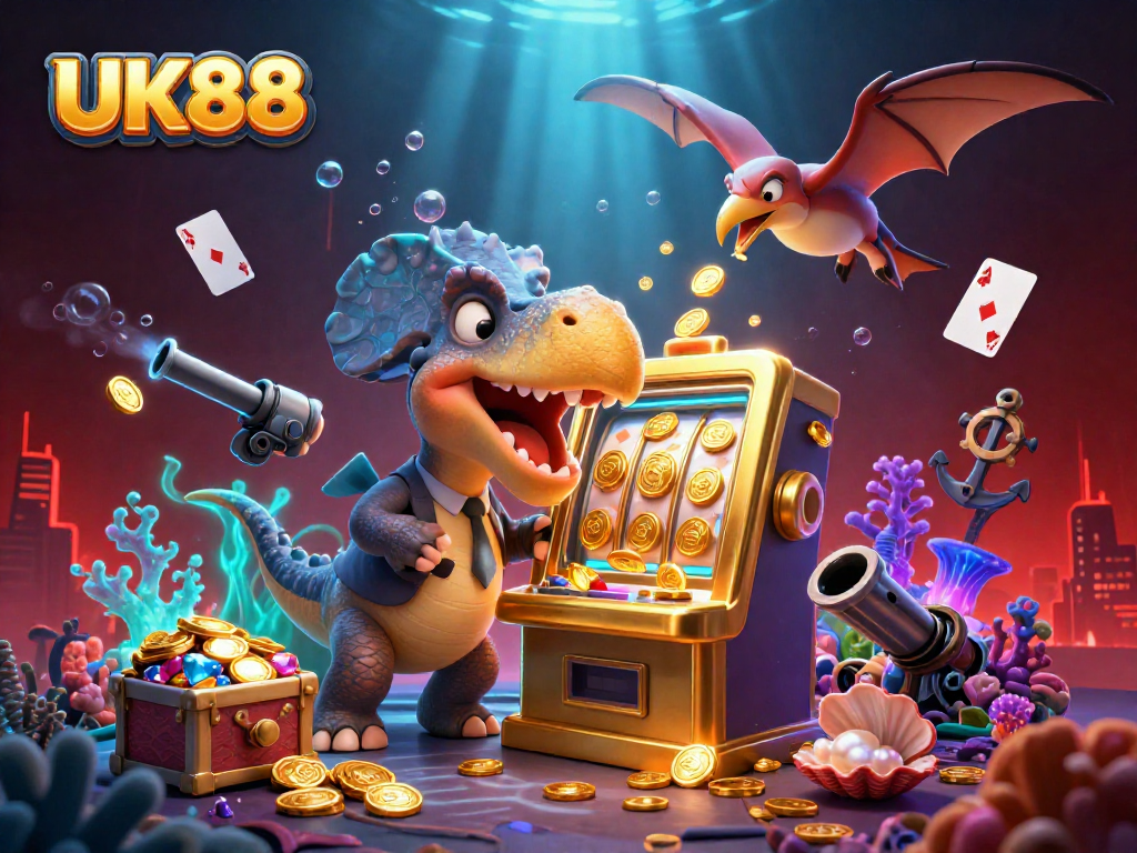 Experience big wins at UK88 with a vibrant scene of dinosaurs celebrating casino jackpots and soaring coins.