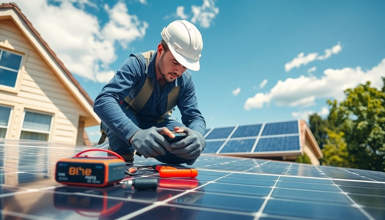 Technician conducting emergency solar panel repair on a rooftop, showcasing expertise and urgency.
