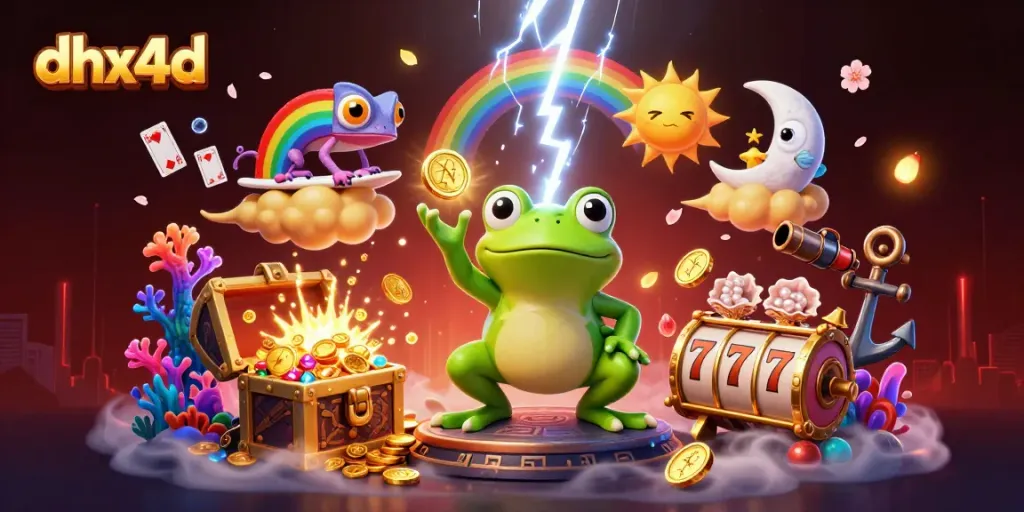 dhx4d menampilkan penyihir katak menciptakan badai koin emas di ilustrasi slot yang penuh warna