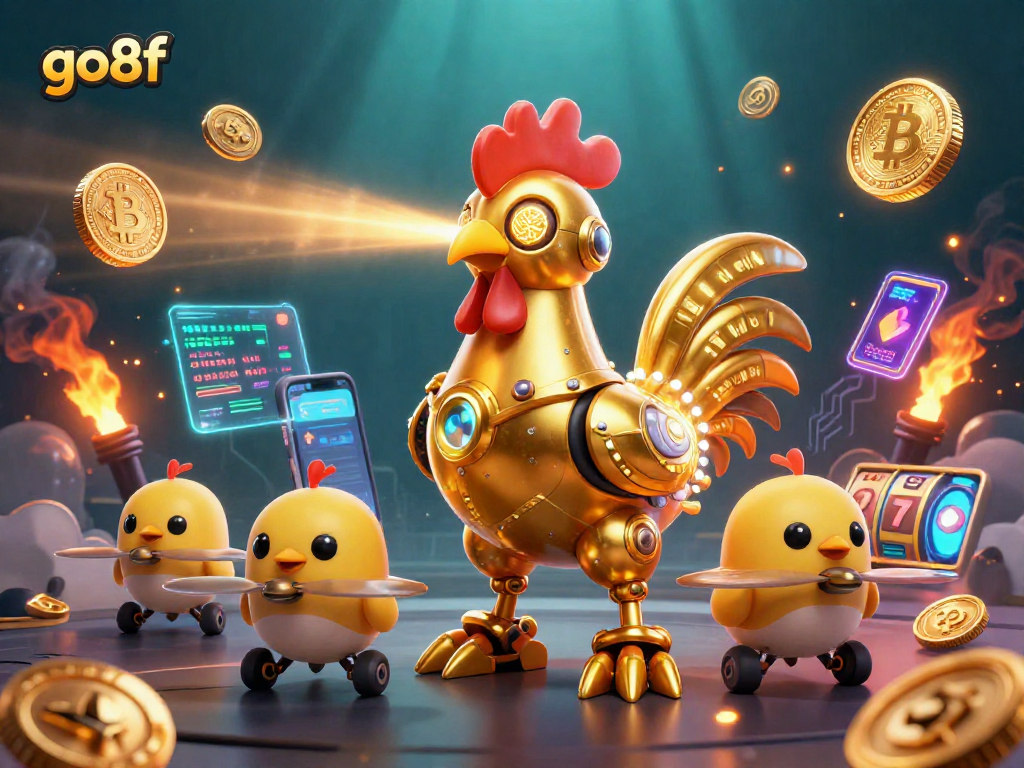 Engage in thrilling gameplay at go8f with a golden rooster robot and crypto elements.