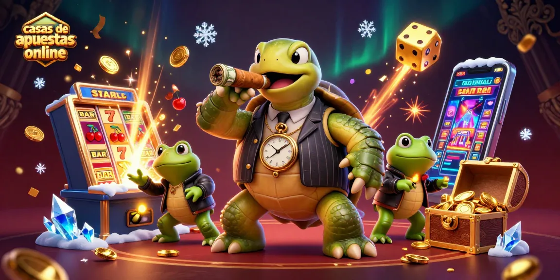 Disfruta de la emoción de las casas de apuestas online con un tortuga mafiosa en una ilustración 3D vibrante.