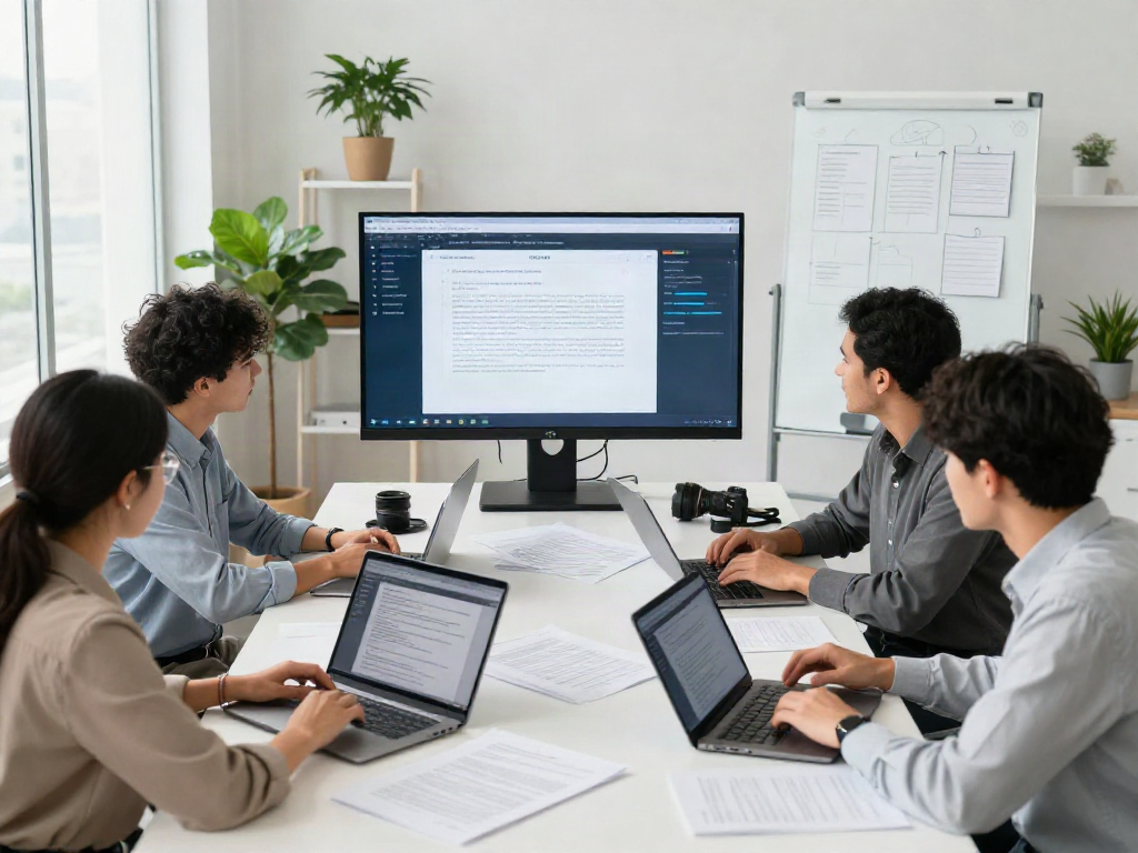 Collaborative team analyzing a document fraud detection solution in a modern office setup.