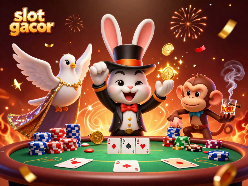 Menangkan slot gacor dengan ilustrasi 3D si kelinci pesulap menarik koin emas dan monyet nakal mencuri chip poker.