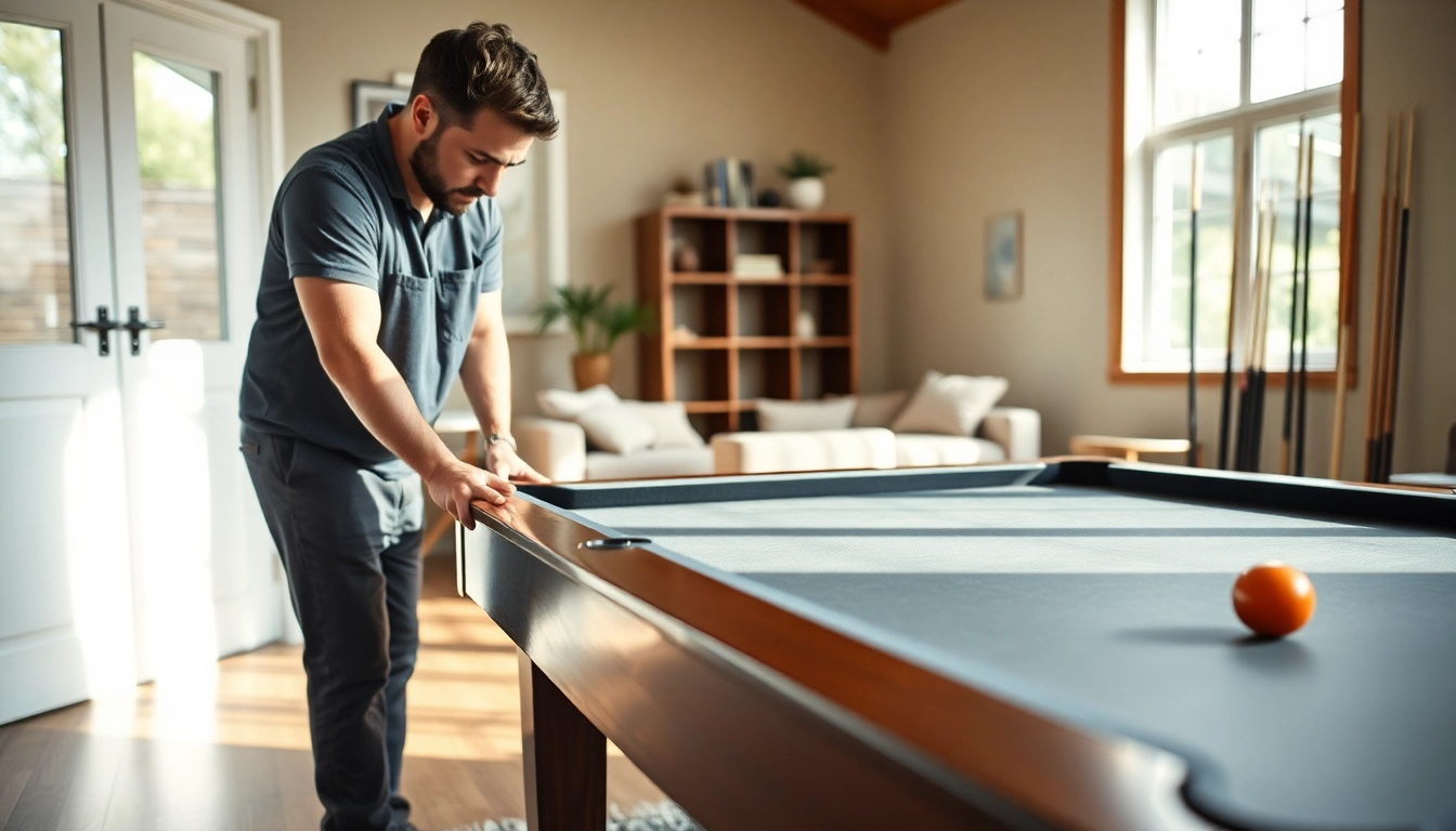 A professional pool table mover disassembling a slate table with care and precision