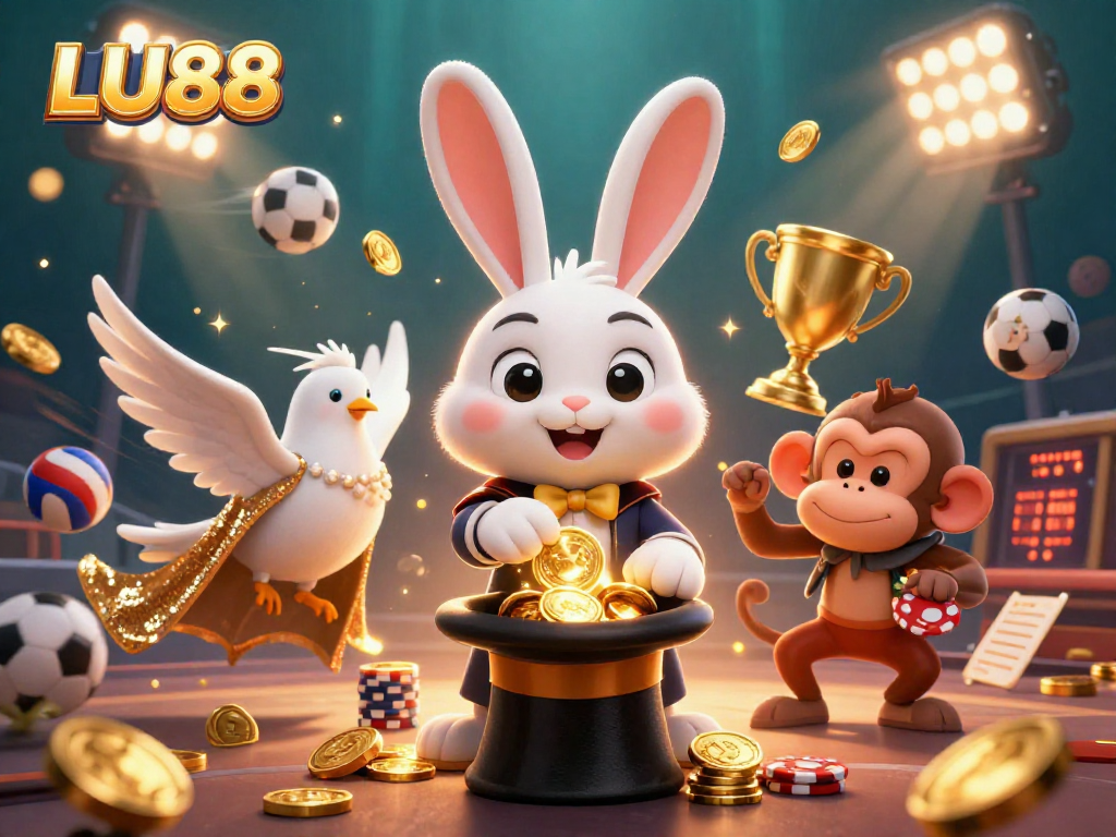 LU88's dynamic gaming scene with a magician rabbit, glamorous dove, and mischievous monkey surrounded by betting excitement.