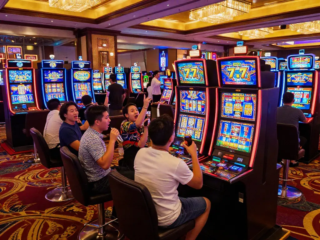 Pengunjung kasino menikmati permainan slot777 yang penuh warna di mesin slot, dengan suasana meriah dan lampu gemerlap.