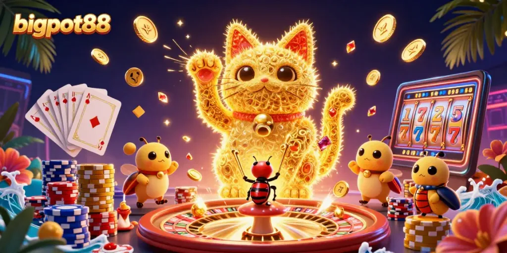 Menangkan permainan di bigpot88 dengan karakter kucing keberuntungan yang dikelilingi koin emas dan efek cahaya berkilau.