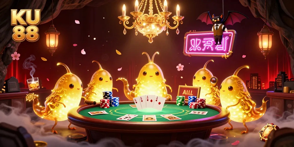 Experience the lively KU 88 casino scene with colorful glowworms and poker elements creating a vibrant gaming atmosphere.