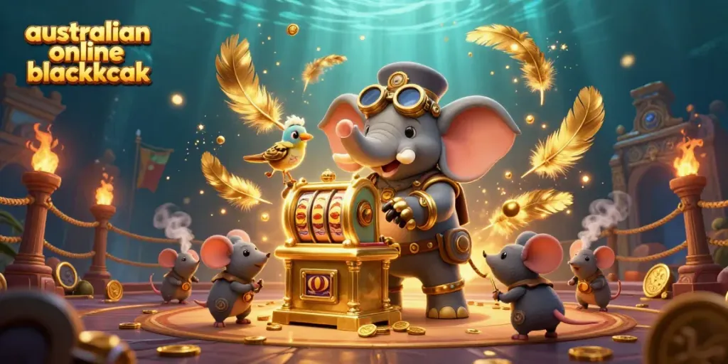 Engage with dynamic australian online blackjack gameplay through a steampunk-themed circus scene, featuring animated characters.