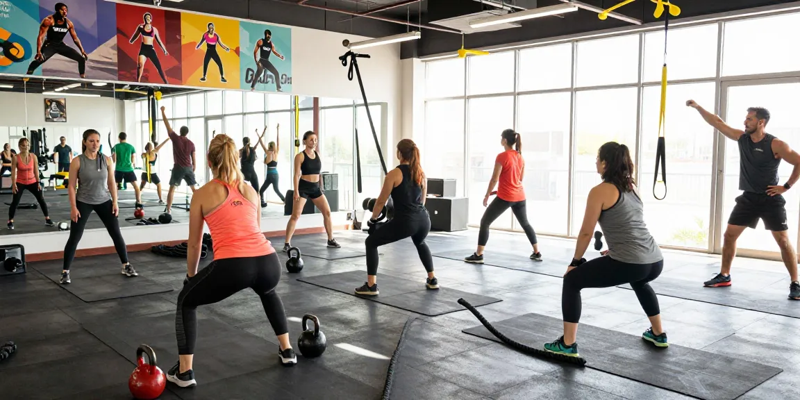 Active scene at Somatrop Steroid Shop fitness class, showcasing energetic HIIT training in a bright gym environment.