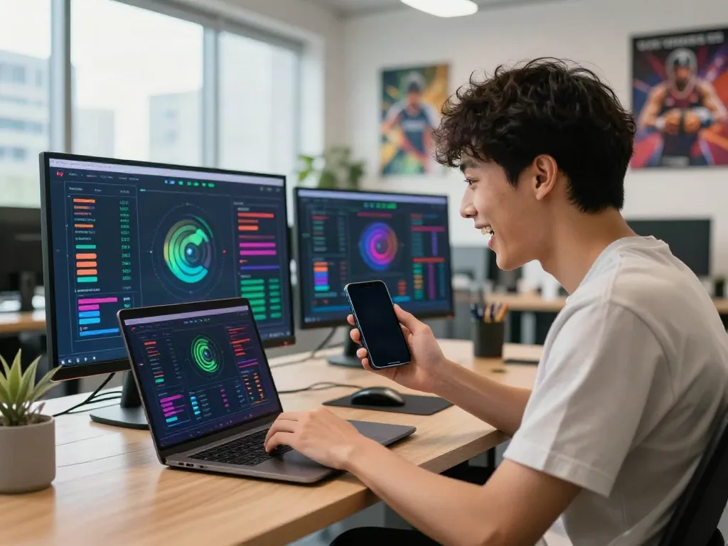 Engaged user analyzing WWBOLA sports betting data on laptop with vibrant charts.