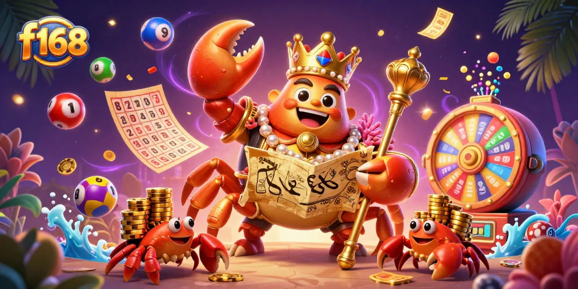 Engage with the vibrant lottery scene of f168 where a golden crab oversees a colorful celebration of luck and prizes.