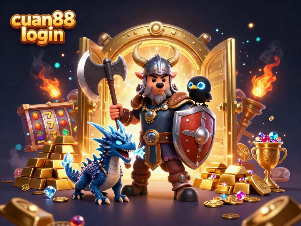 Experience the excitement of cuan88 login with our gaming illustration showcasing vibrant characters and golden treasures.