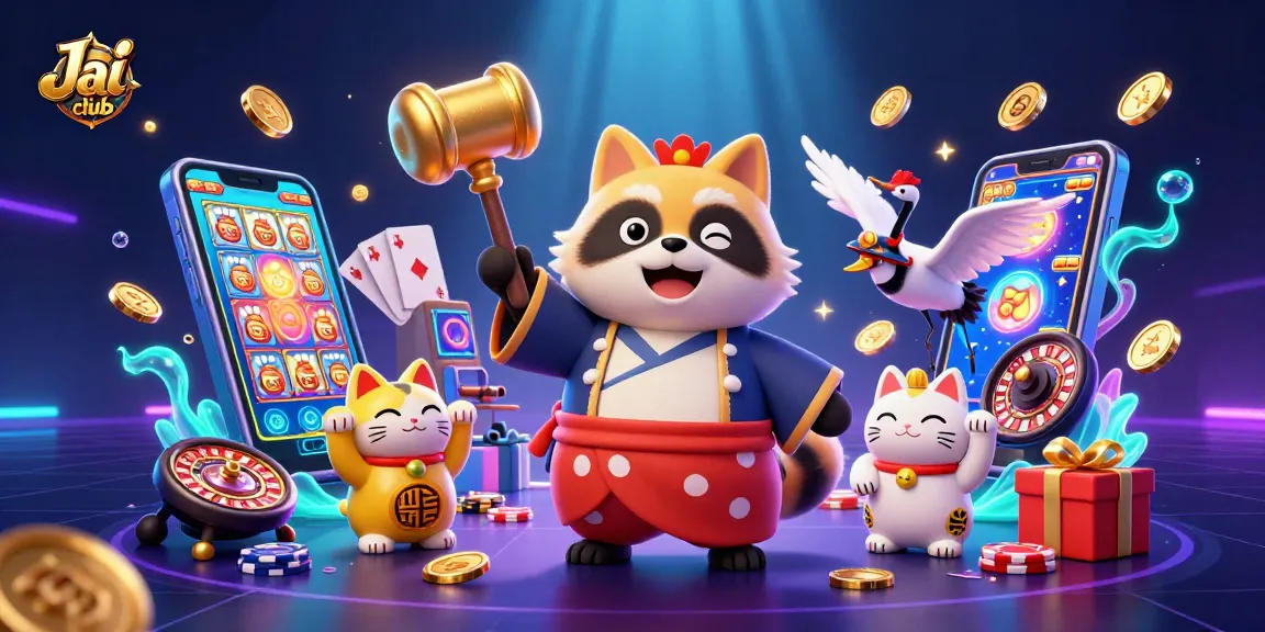 Experience the vibrant vibes of Jai club with cheerful characters celebrating gambling riches and fun.