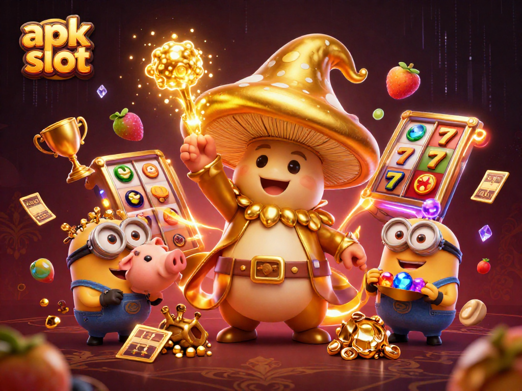 Menangkan apk slot dengan penyihir emas besar dan simbol keberuntungan yang berkilau.
