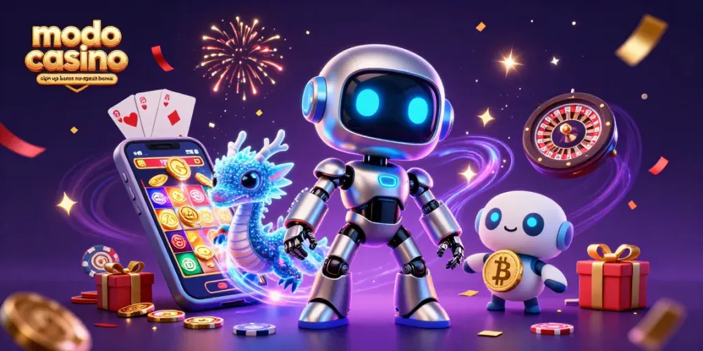 Engage with the modo casino sign up bonus no deposit bonus for a thrilling gaming experience featuring futuristic characters and casino elements.