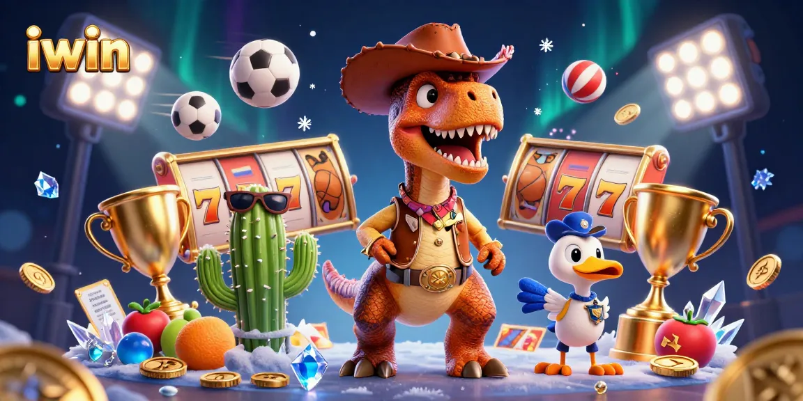 Experience thrilling iwin gameplay with a vibrant T-Rex and friends in a classic casino setting.