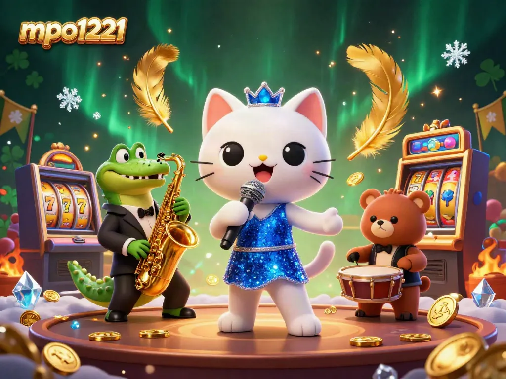 Experience the vibrant mpo1221 casino energy with a jazz-singer cat, saxophone crocodile, and drum-playing bear.