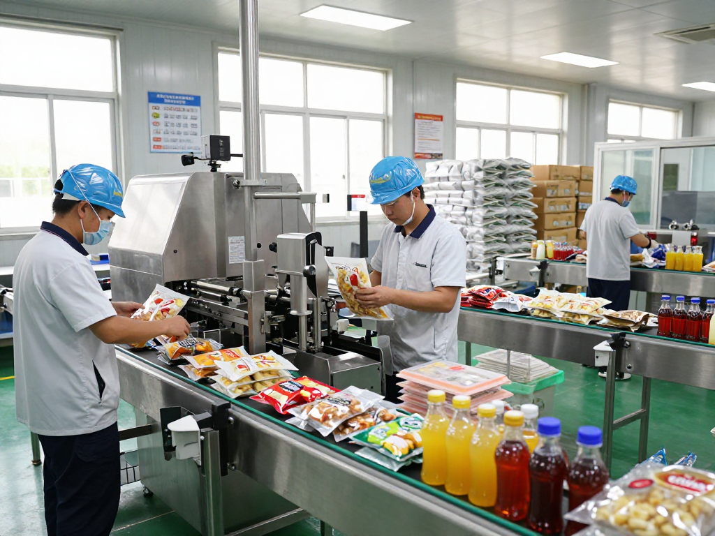 Proses kemasan makanan di pabrik modern dengan pekerja melakukan pengisian dan penyegelan produk, di lingkungan bersih.