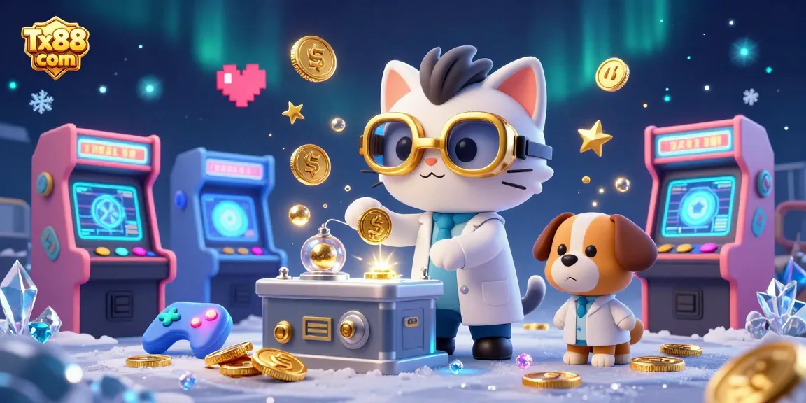 Engage with Tx88 com's thrilling gaming universe featuring a mad scientist cat in an action-packed casino illustration.