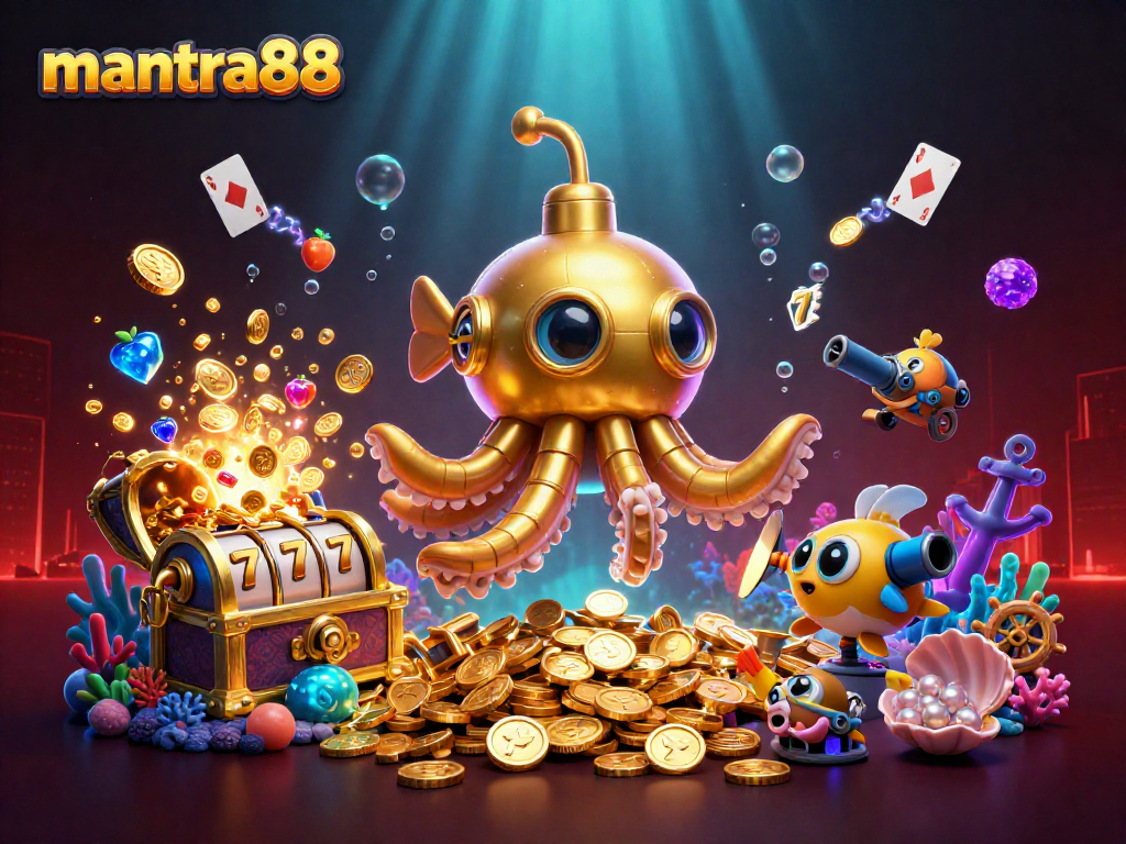 Experience the excitement of mantra88 as a golden kraken rises amidst spinning slot reels and treasures.