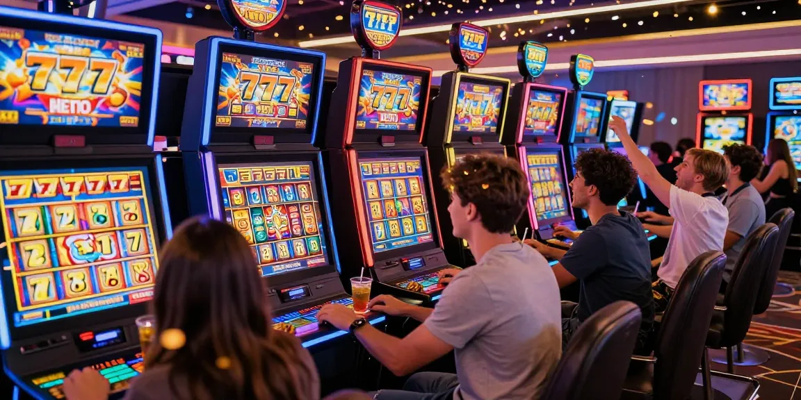 Exciting group enjoying 777 slot machines in a vibrant casino atmosphere.
