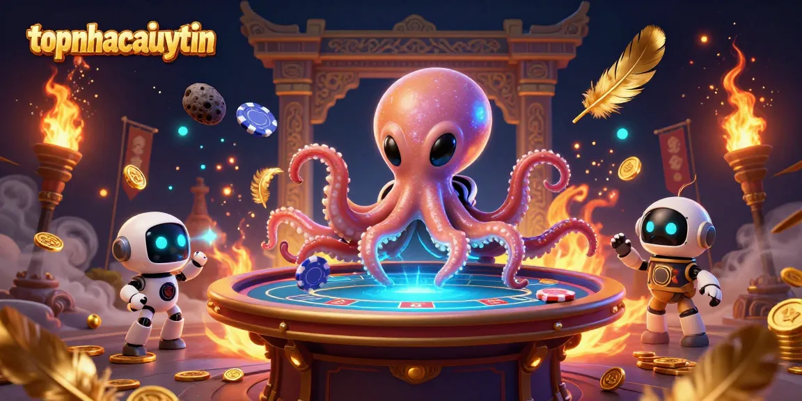 topnhacaiuytinn showcases engaging alien octopus operating a poker table in a colorful casino scene.