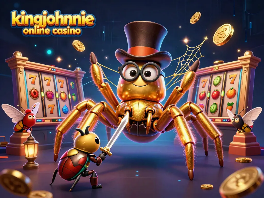 Experience the magic of kingjohnnie online casino with a dazzling scene of a golden tarantula and beetle knight in a vibrant casino backdrop.