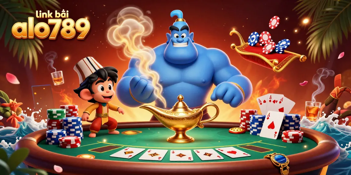 Engage with the vibrant casino scene showcasing link vào alo789, featuring a muscular genie and poker elements.