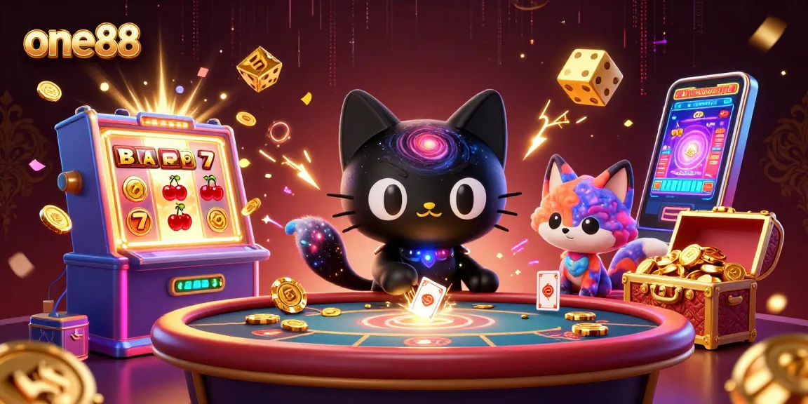 one88 illustrates a thrilling cosmic casino scene with a black hole cat and colorful fox amidst jackpots and game elements.