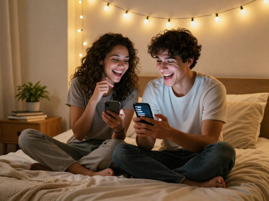Couple enjoying playful AI sexting moment in cozy bedroom