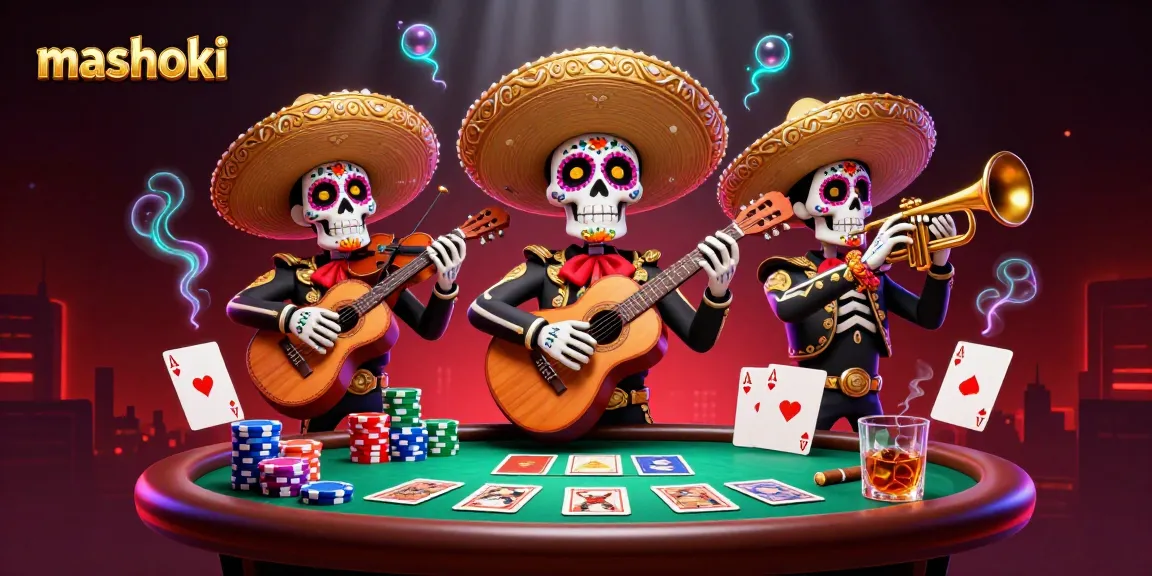 Experience mashoki as talented mariachi skeletons celebrate casino culture with vibrant colors and gambling-themed elements.