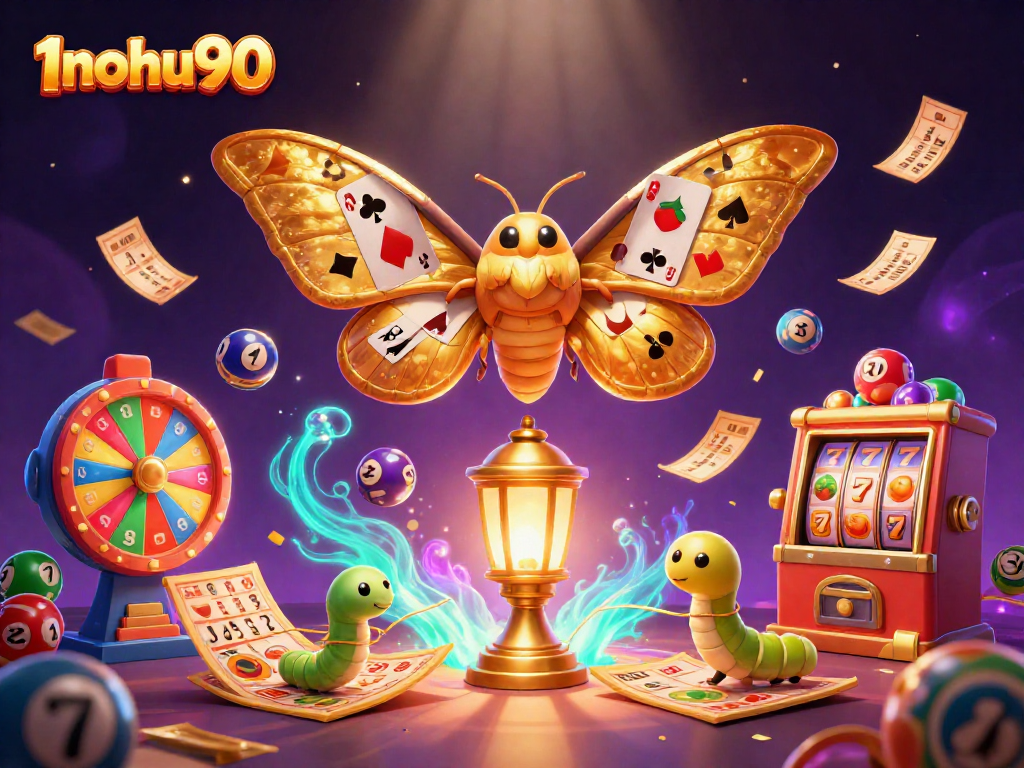 Engage in thrilling gameplay at 1nohu90 featuring vibrant lottery balls and a majestic atlas moth.